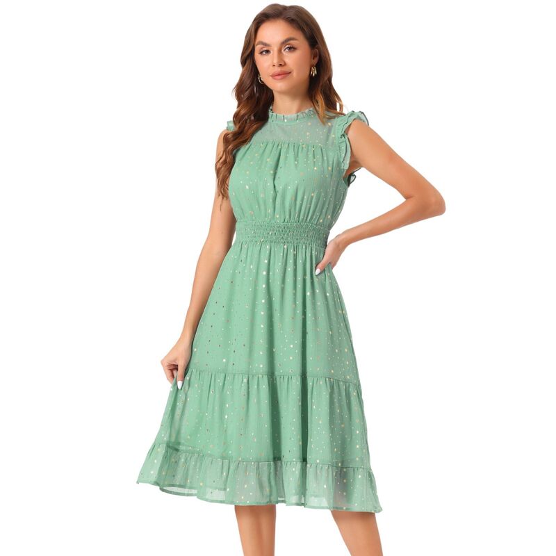 アレグラ ケー レディース トップス ワンピース シフォン トール ノースリーブ シャーリング ALLEGRA K Casual Chiffon Dress for Women'sleevelessmocked Waist Gilding Metallic Stars Party Dress Green グリーン