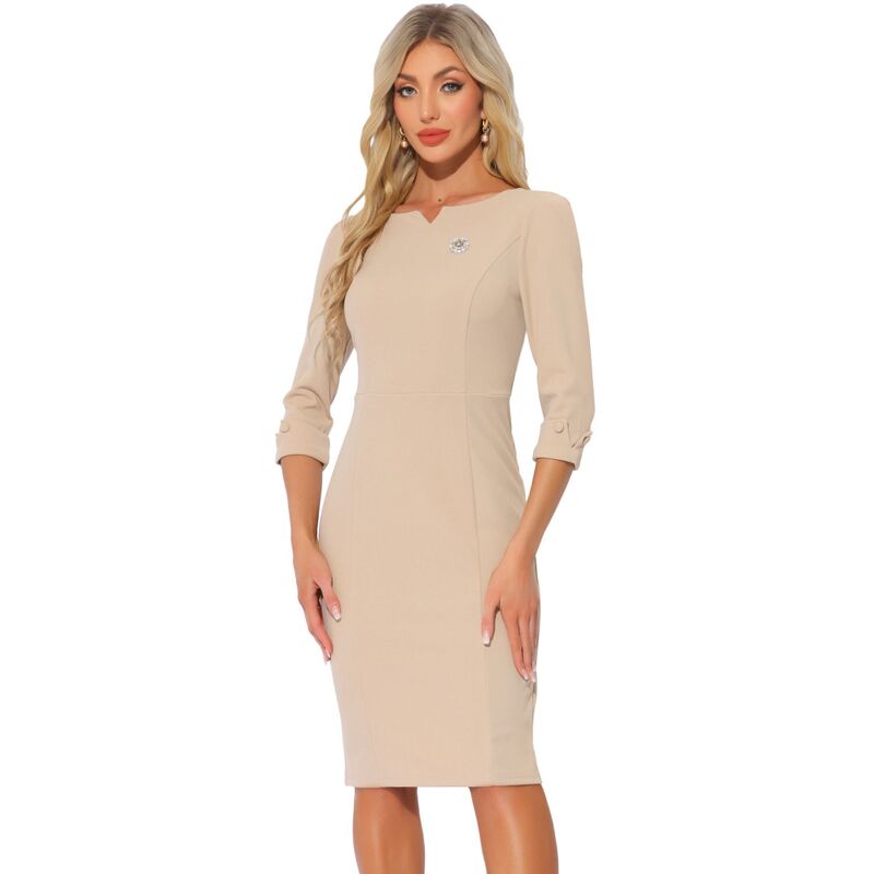 アレグラ ケー レディース トップス ワンピースリムフィット ミディ ALLEGRA K Midi Dresses For Women 3/4 Sleeve Sweetheart Neck Slim Fit Work Pencil Dress Apricot アプリコット