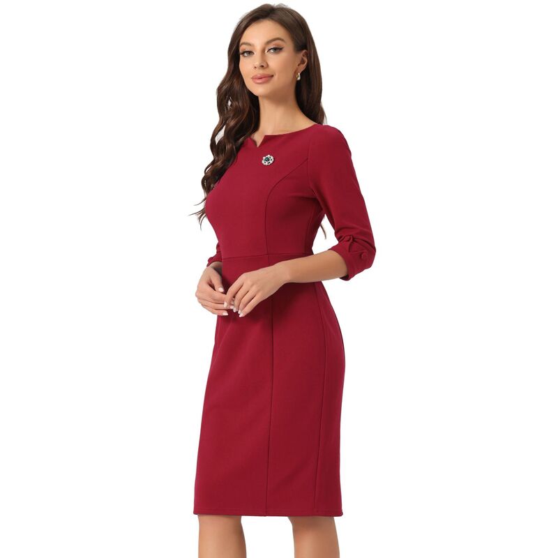 アレグラ ケー レディース トップス ワンピースリムフィット ミディ ALLEGRA K Midi Dresses For Women 3/4 Sleeve Sweetheart Neck Slim Fit Work Pencil Dress Burgundy バーガンディ｜ReVida 店