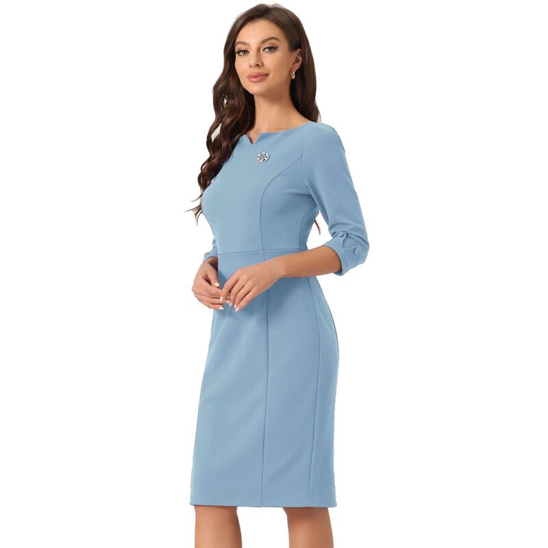 アレグラ ケー レディース トップス ワンピースリムフィット ミディ ALLEGRA K Midi Dresses For Women 3/4 Sleeve Sweetheart Neck Slim Fit Work Pencil Dressky Blue ブルー