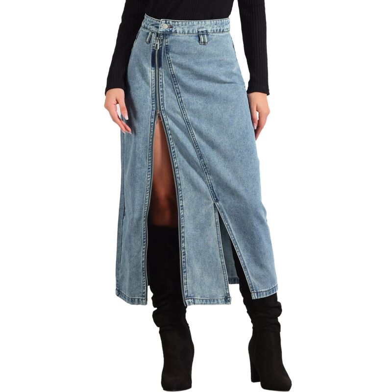 アレグラ ケー レディース ボトムスカート デニム ALLEGRA K Jean Skirt with Pockets for Women's Denim Zipper Front Split Long Skirts Blue ブルー