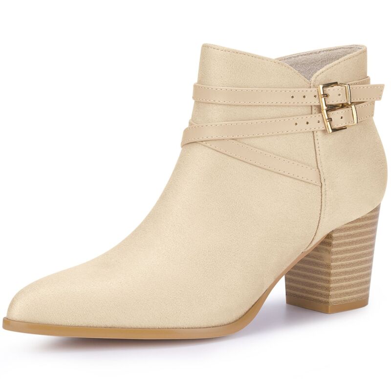 アレグラ ケー レディース シューズ ブーツ・レインブーツ アンクル ヒール ALLEGRA K Women'strappy Pointed Toe Buckle Chunky Heel Ankle Booties Beige ベージュ|ReVida 店