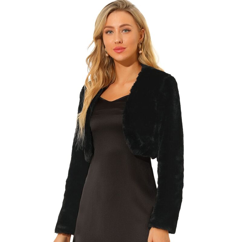 アレグラ ケー レディース アウター ジャケット・ブルゾン コート クロップド ALLEGRA K Women's Collarless Long Sleeve Open Front Faux Fur Shrug Cropped Coat Black ブラック|ReVida 店