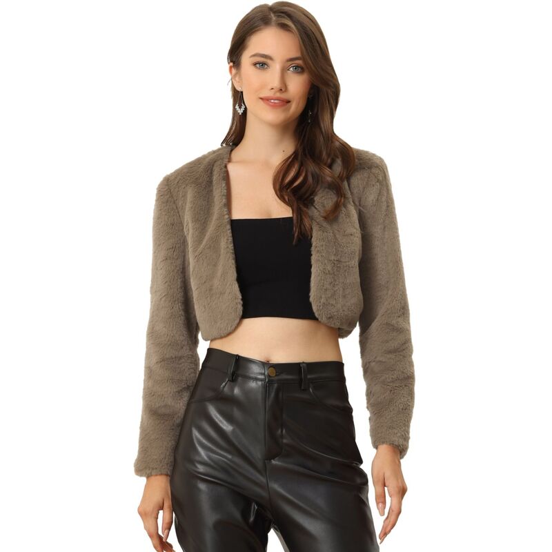 アレグラ ケー レディース アウター ジャケット・ブルゾン コート クロップド ALLEGRA K Women's Collarless Long Sleeve Open Front Faux Fur Shrug Cropped Coat Darkhaki カーキ