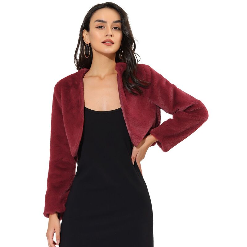 アレグラ ケー レディース アウター ジャケット・ブルゾン コート クロップド ALLEGRA K Women's Collarless Long Sleeve Open Front Faux Fur Shrug Cropped Coat Wine Red レッド|ReVida 店