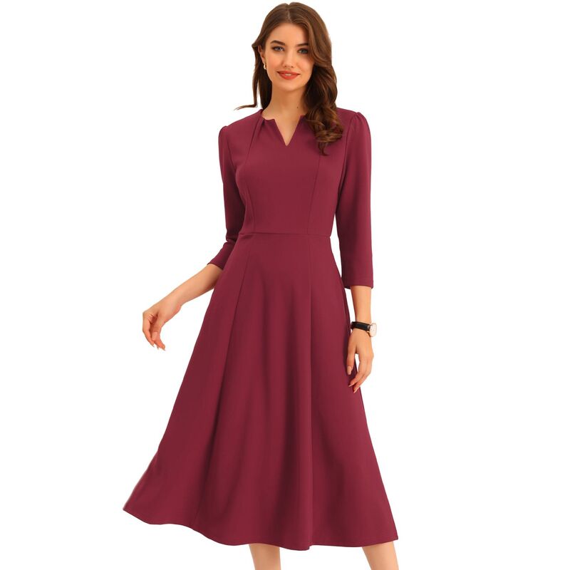 アレグラ ケー レディース トップス ワンピース Vネック A ライン ALLEGRA K Women's Work Officelegant 3/4 Sleeve V Neck A-Line Dress Burgundy バーガンディ