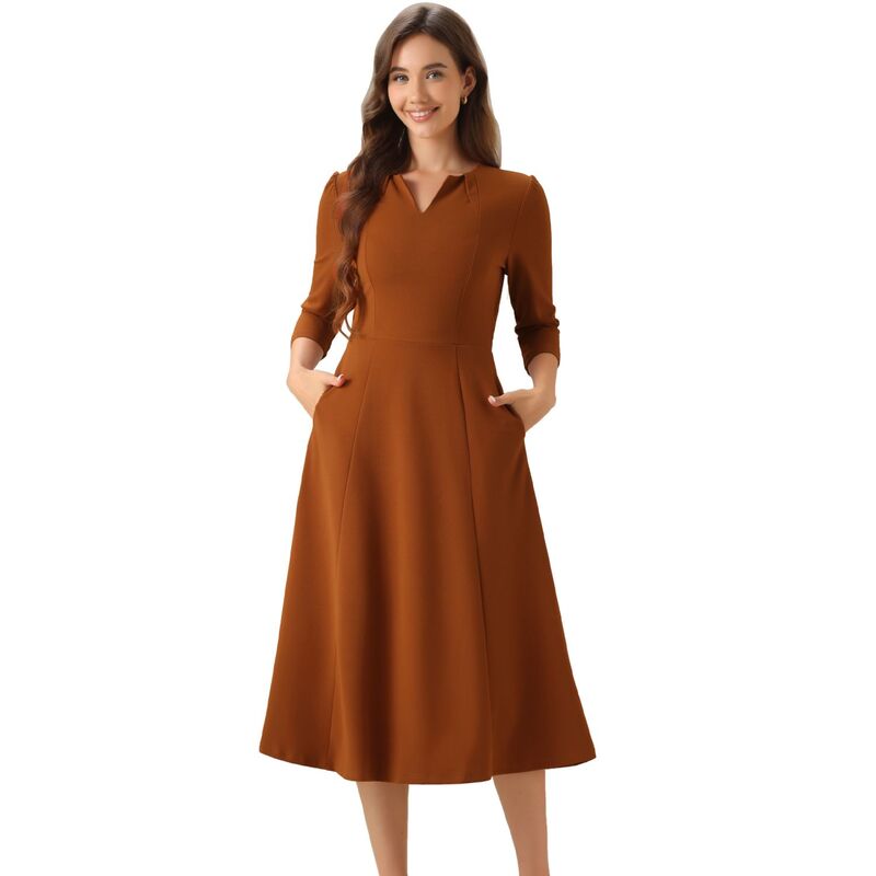 アレグラ ケー レディース トップス ワンピース Vネック A ライン ALLEGRA K Women's Work Officelegant 3/4 Sleeve V Neck A-Line Dress Caramel