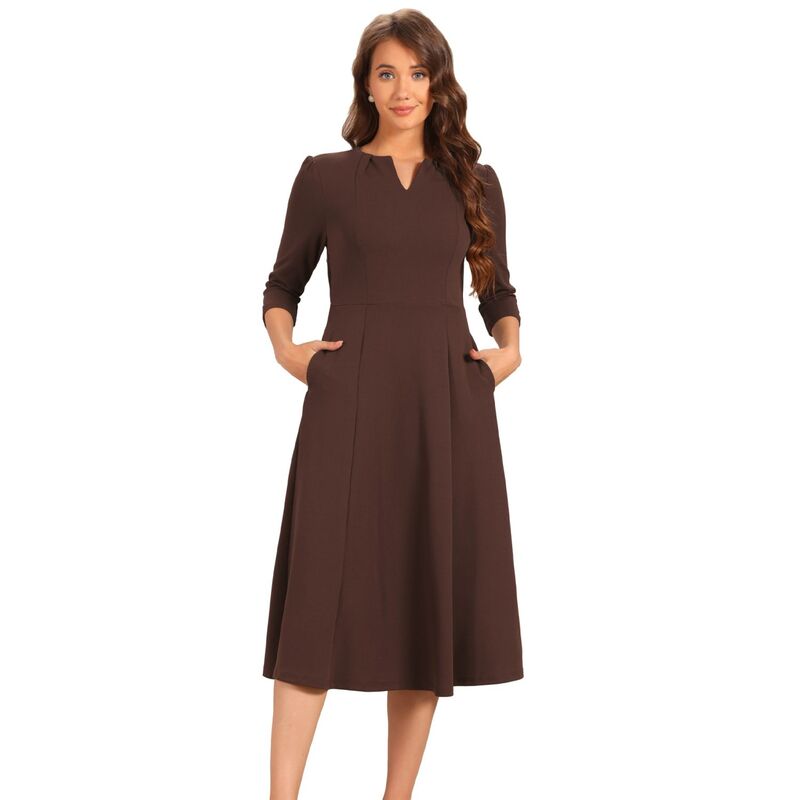 アレグラ ケー レディース トップス ワンピース Vネック A ライン ALLEGRA K Women's Work Officelegant 3/4 Sleeve V Neck A-Line Dress Dark Brown ブラウン