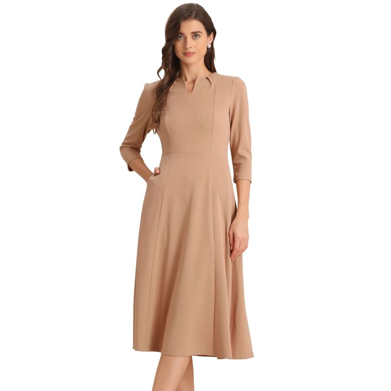 アレグラ ケー レディース トップス ワンピース Vネック A ライン ALLEGRA K Women's Work Officelegant 3/4 Sleeve V Neck A-Line Dress Darkhaki カーキ