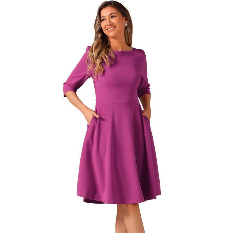 アレグラ ケー レディース トップス ワンピース ミディ ALLEGRA K Wear To Work Dress For Women's Boat Neck Short Sleeves Midi Flared Office Dresses Purple パープル