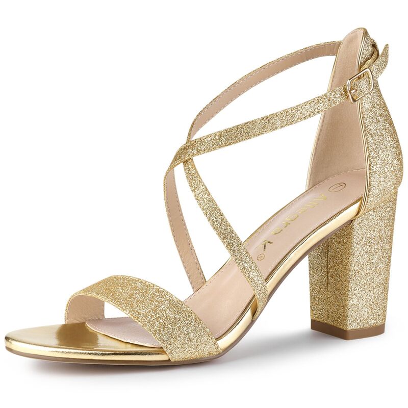 アレグラ ケー レディース シューズ パンプス サンダル ヒール ALLEGRA K Women's Glitter Crisscrosstrap Block Heelsandals Gold ゴールド