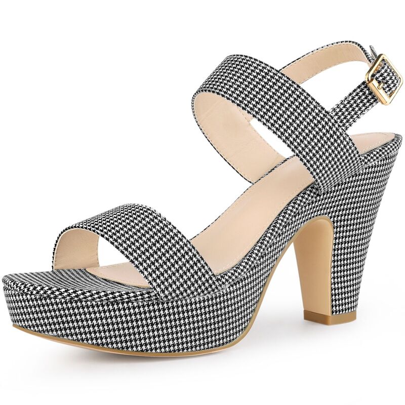 アレグラ ケー レディース シューズ パンプス プラットフォーム プリント サンダル ヒール ALLEGRA K Women's Platform Heels Houndstooth Plaid Print Chunky Heel Sandals Black ブラック
