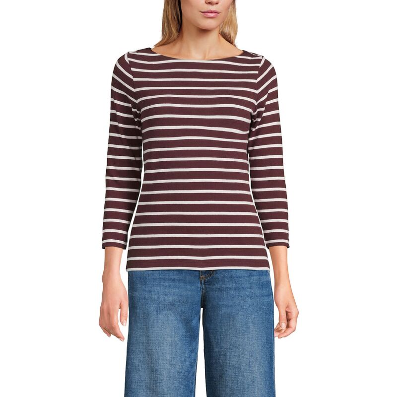 ランズ挙げ句の果て レディース トップス プルオーバー プルオーバー Women\u0027s Lands\u0027 End Mariner Jersey Boatneck Top Burgundy Stripe バーガンディ