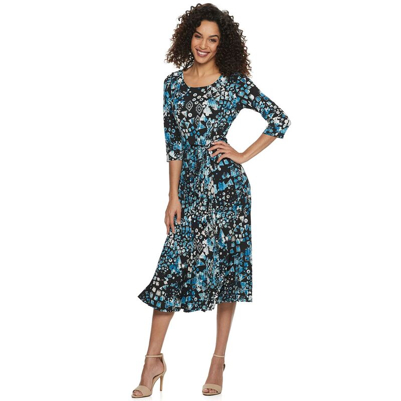 ニナレオナルド レディース トップス ワンピース プリント ミディ Women's Nina Leonard Belted 3/4 Sleeve Print Midi Dress Black And Teal Multi ブラック|ReVida 店
