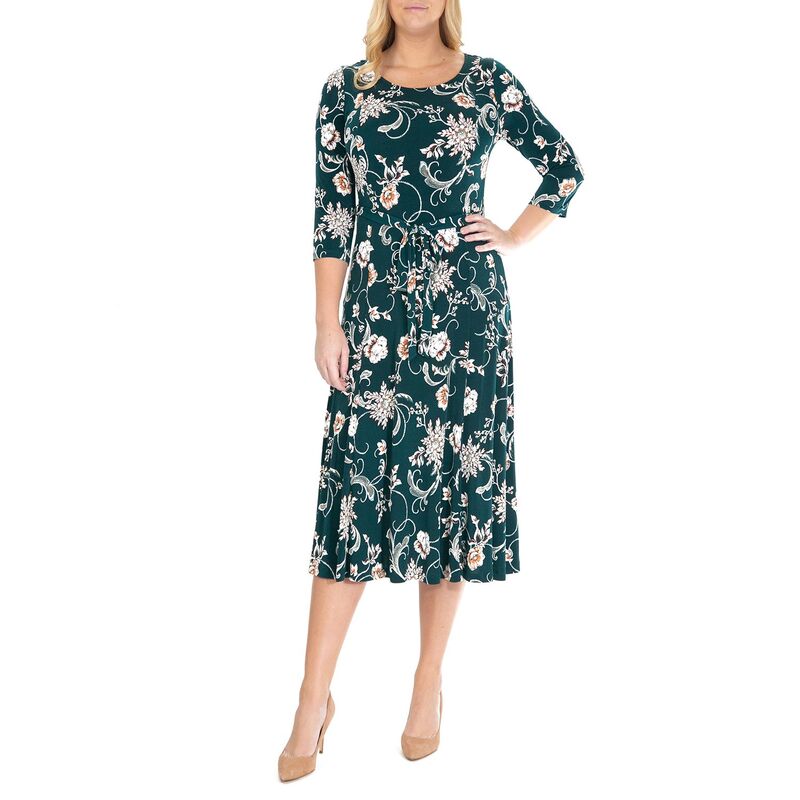 ニナレオナルド レディース トップス ワンピース プリント ミディ Women's Nina Leonard Belted 3/4 Sleeve Print Midi Dress Teal Rust ティール｜ReVida 店
