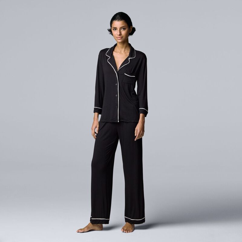 ヴェラウォン レディース アンダーウェア ナイトウェア パンツ シャツ Women'simply Vera Wang Basic Luxury Sleeve Pajama Shirt & Pantsleep Set Black ブラック