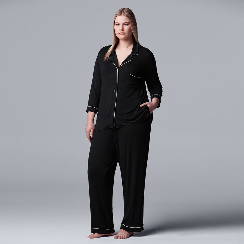 ヴェラウォン レディース アンダーお召しもの ナイト爵お召しもの つけ加える大いさ Plusize Women\u0027simply Vera Wang Basic Luxury Notch Pajama Set Black 黒いこと レディース-パジャマ