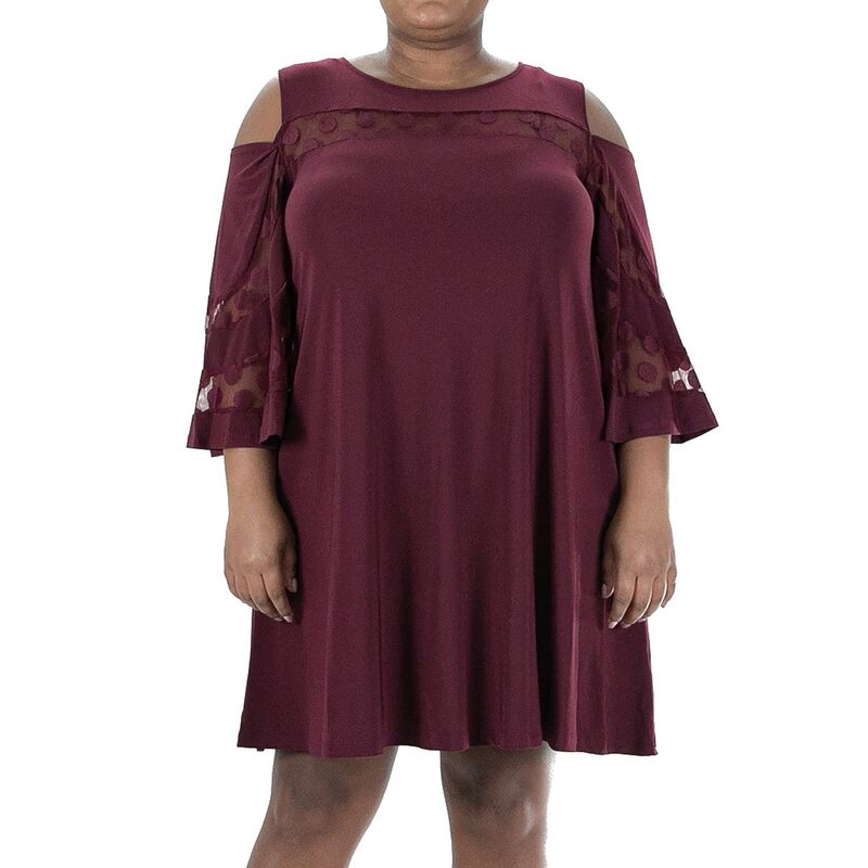 ニナレオナルド レディース トップス ワンピース プラスサイズ メッシュ Plusize Nina Leonard Mesh Yoke Cold-Shoulder Swing Dress Deep Wine ワイン