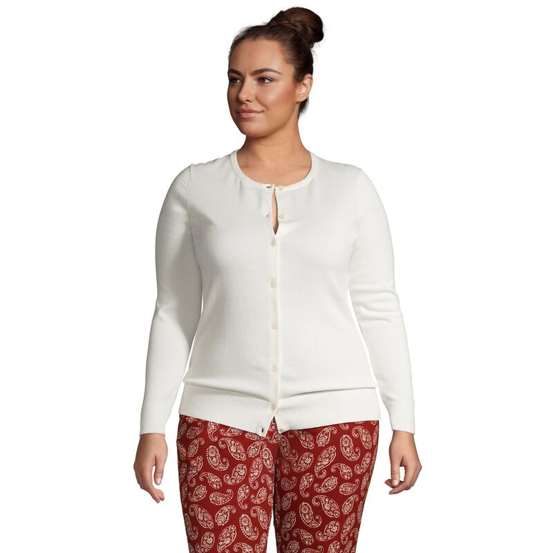 ランズエンド レディース アウター ニット・セーター プラスサイズ コットン カーディガン Plusize Lands' End Fine Gauge Cotton Cardigan Sweater Ivory アイボリー｜ReVida 店