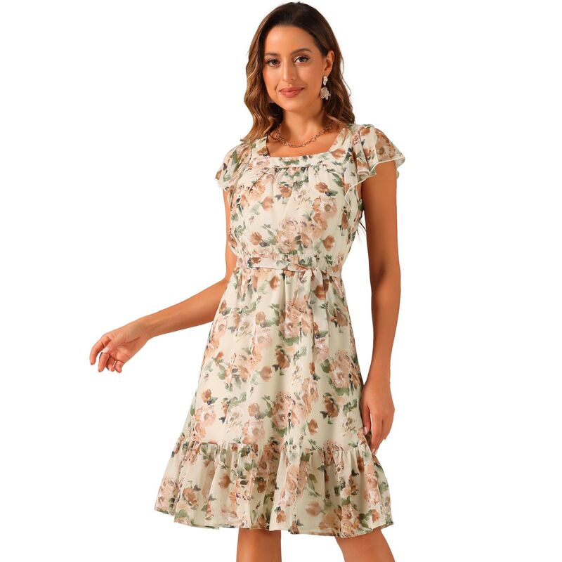 アレグラ ケー レディース トップス ワンピース シフォン フラワー柄 フリル フラワー ALLEGRA K Ruffle Dress For Women's Flutter Sleeve Belted Square Neck Floral Chiffon Dress Beige ベージュ|ReVida 店