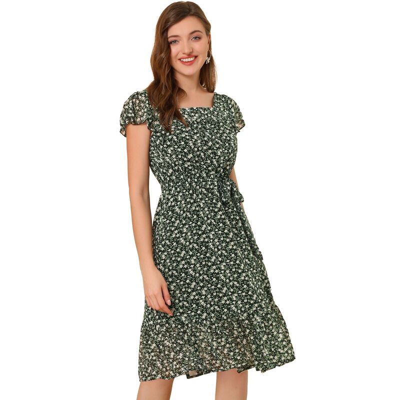 アレグラ ケー レディース トップス 衣装 シフォン お花柄 フラウンス お花 ALLEGRA K Ruffle Dress For Women\u0027s Flutter Sleeve Belted Square Neck Floral Chiffon Dress Black 黒いこと ワンピース-レディースファッション