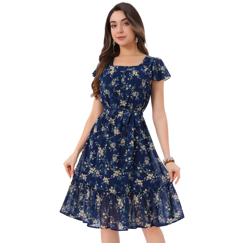 アレグラ ケー レディース トップス ワンピース シフォン フラワー柄 フリル フラワー ALLEGRA K Ruffle Dress For Women's Flutter Sleeve Belted Square Neck Floral Chiffon Dress Blue ブルー|ReVida 店