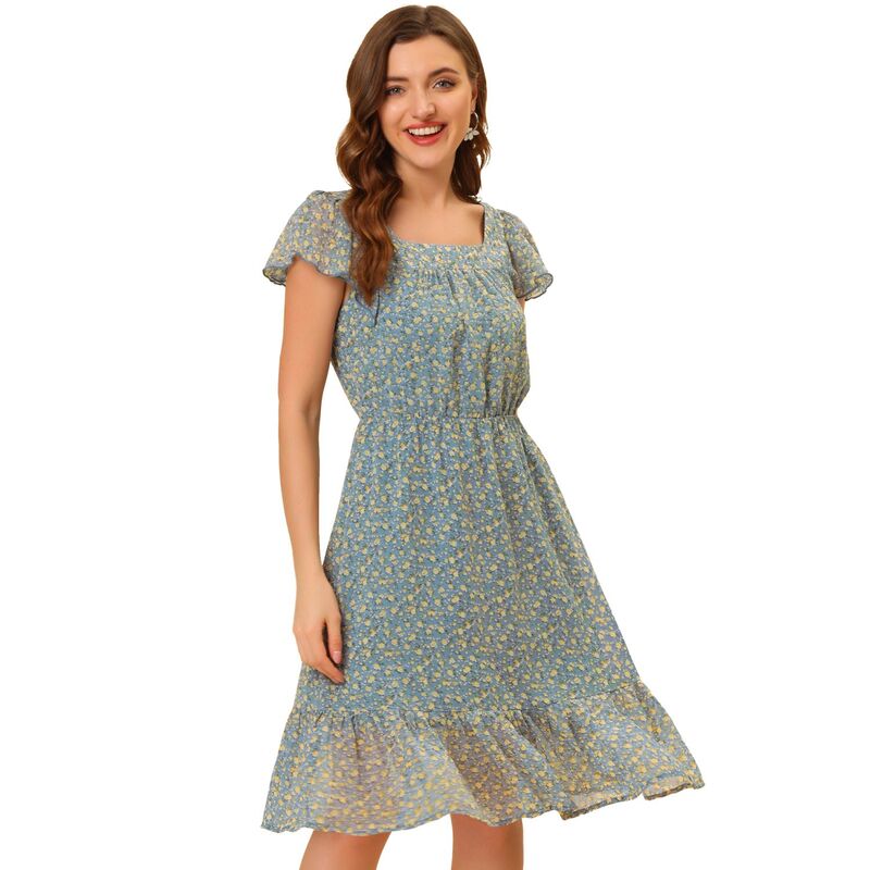 アレグラ ケー レディース トップス ワンピース シフォン フラワー柄 フリル フラワー ALLEGRA K Ruffle Dress For Women\'s Flutter Sleeve Belted Square Neck Floral Chiffon Dress Blue Gray グレー｜ReVida 店