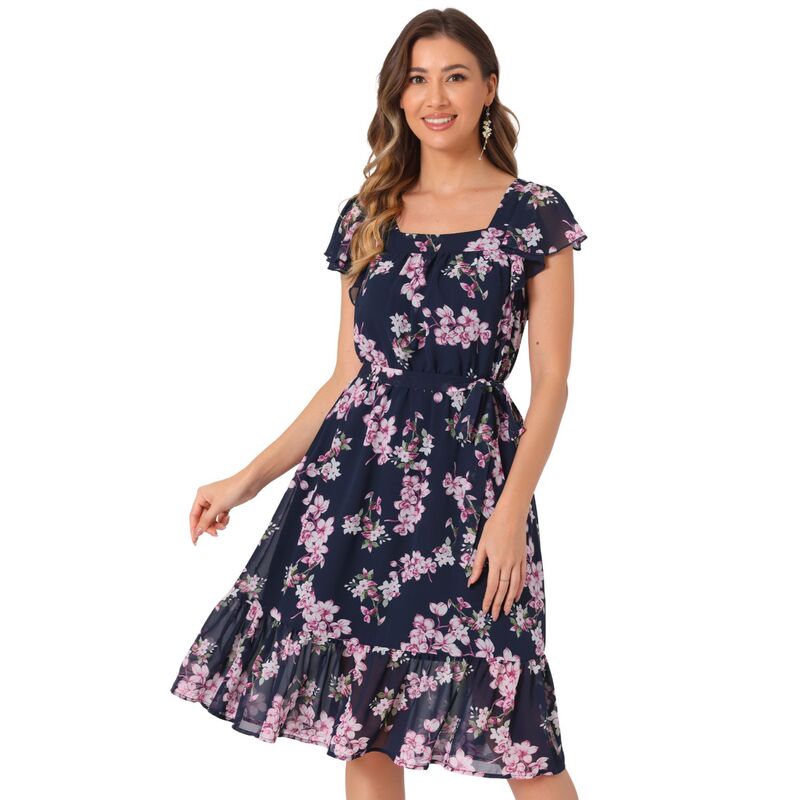アレグラ ケー レディース トップス ワンピース シフォン フラワー柄 フリル フラワー ALLEGRA K Ruffle Dress For Women\'s Flutter Sleeve Belted Square Neck Floral Chiffon Dress Blue Pink ブルー｜ReVida 店