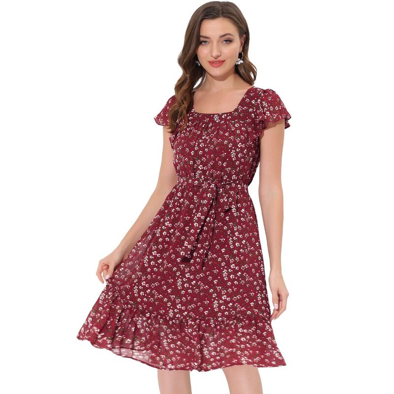 アレグラ ケー レディース トップス 衣装 シフォン お花柄 フラウンス お花 ALLEGRA K Ruffle Dress For Women\u0027s Flutter Sleeve Belted Square Neck Floral Chiffon Dress Burgundy バーガンディ ワンピース-レディースファッション