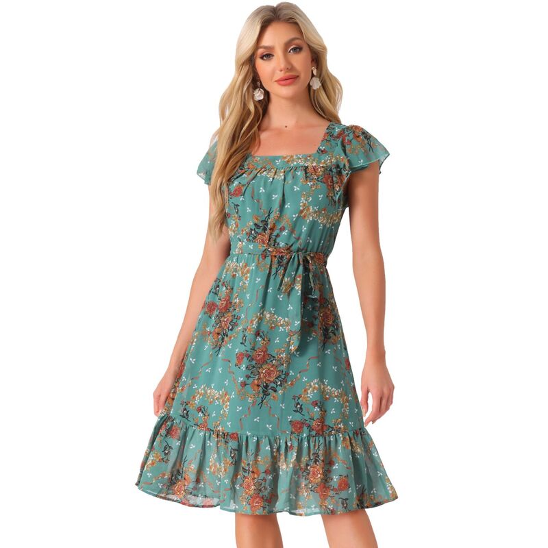アレグラ ケー レディース トップス ワンピース シフォン フラワー柄 フリル フラワー ALLEGRA K Ruffle Dress For Women's Flutter Sleeve Belted Square Neck Floral Chiffon Dress Dark Green グリーン｜ReVida 店