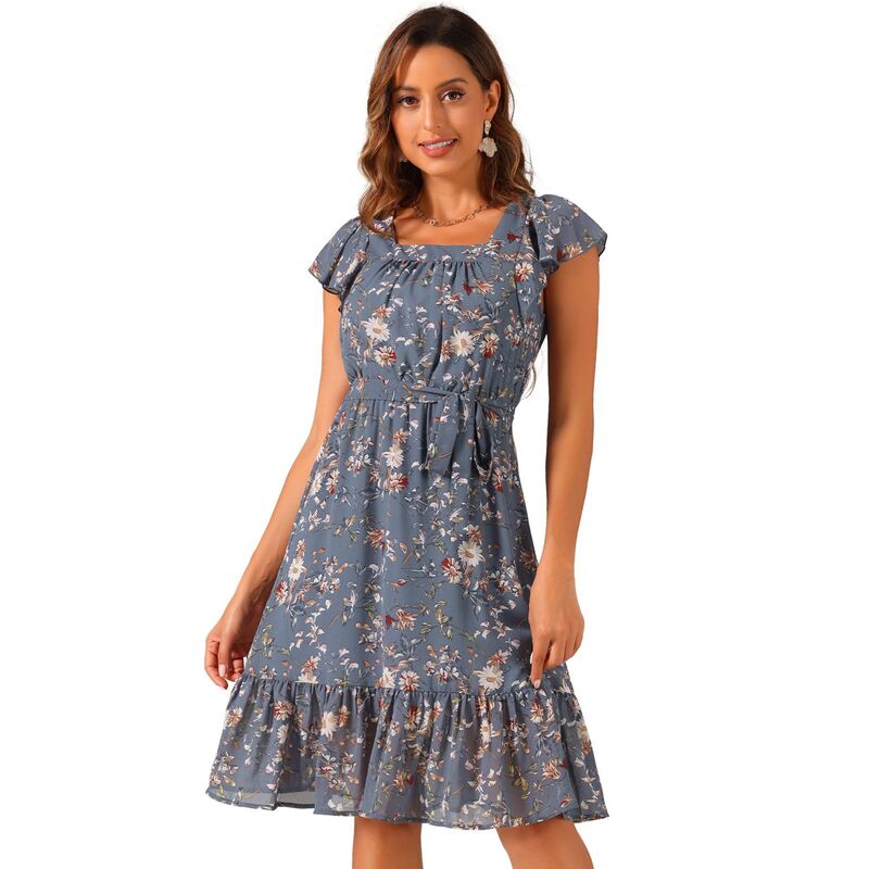 アレグラ ケー レディース トップス ワンピース シフォン フラワー柄 フリル フラワー ALLEGRA K Ruffle Dress For Women\'s Flutter Sleeve Belted Square Neck Floral Chiffon Dress Dusty Blue ブルー｜ReVida 店