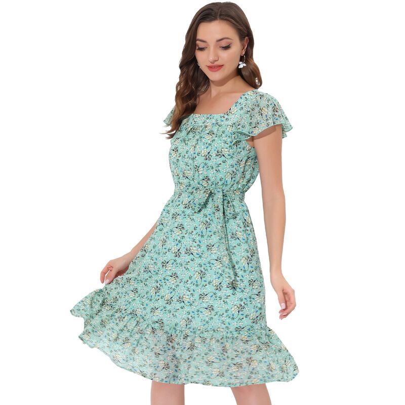 アレグラ ケー レディース トップス 衣装 シフォン お花柄 フラウンス お花 ALLEGRA K Ruffle Dress For Women\u0027s Flutter Sleeve Belted Square Neck Floral Chiffon Dress Green 緑であること ワンピース-レディースファッション