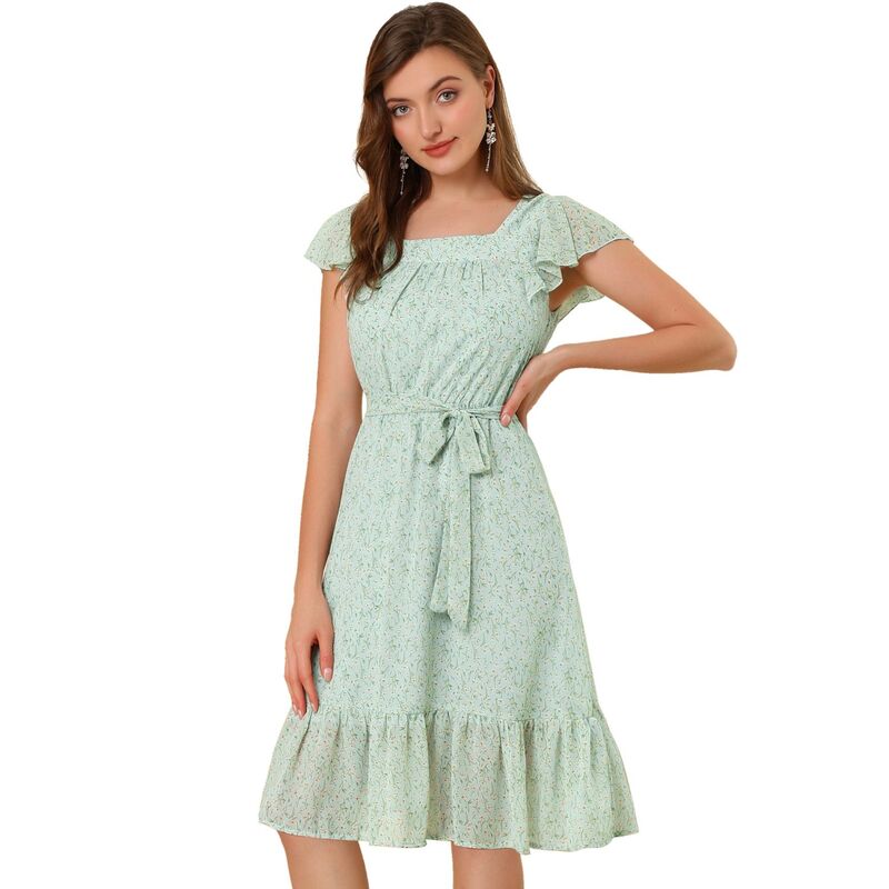 アレグラ ケー レディース トップス ワンピース シフォン フラワー柄 フリル フラワー ALLEGRA K Ruffle Dress For Women's Flutter Sleeve Belted Square Neck Floral Chiffon Dress Light Blue ブルー｜ReVida 店