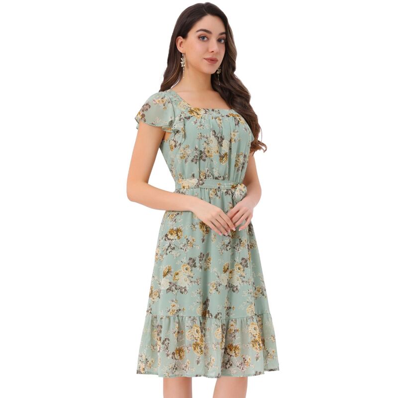 アレグラ ケー レディース トップス ワンピース シフォン フラワー柄 フリル フラワー ALLEGRA K Ruffle Dress For Women\'s Flutter Sleeve Belted Square Neck Floral Chiffon Dress Light Green グリーン｜ReVida 店