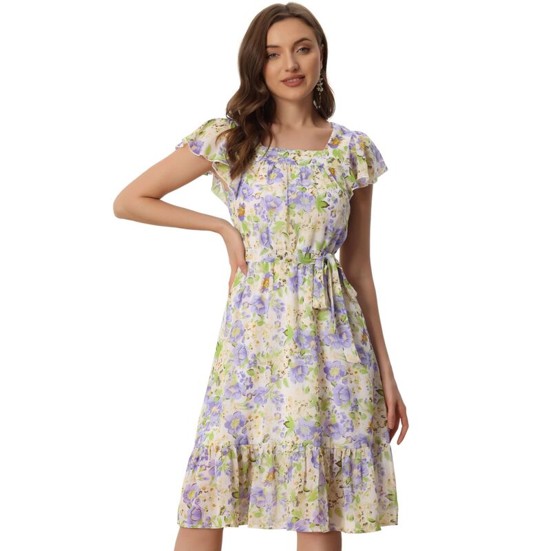 アレグラ ケー レディース トップス ワンピース シフォン フラワー柄 フリル フラワー ALLEGRA K Ruffle Dress For Women\'s Flutter Sleeve Belted Square Neck Floral Chiffon Dress Light Purple パープル｜ReVida 店