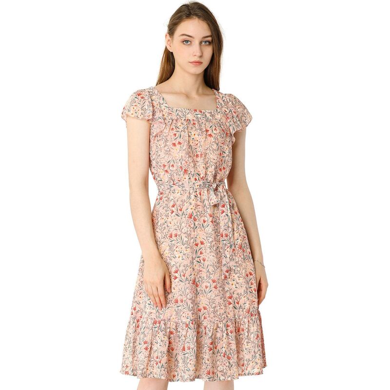 アレグラ ケー レディース トップス ワンピース シフォン フラワー柄 フリル フラワー ALLEGRA K Ruffle Dress For Women\'s Flutter Sleeve Belted Square Neck Floral Chiffon Dress Pink ピンク｜ReVida 店
