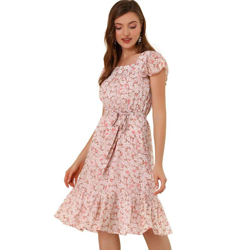 アレグラ ケー レディース トップス ワンピース シフォン フラワー柄 フリル フラワー ALLEGRA K Ruffle Dress For Women\'s Flutter Sleeve Belted Square Neck Floral Chiffon Dress Pink White ホワイト｜ReVida 店