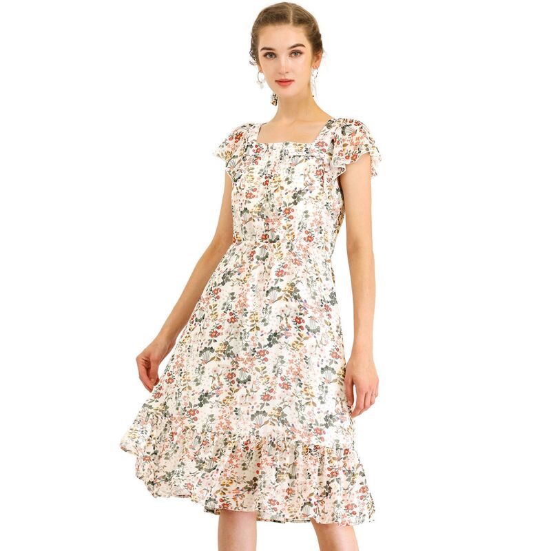アレグラ ケー レディース トップス ワンピース シフォン フラワー柄 フリル フラワー ALLEGRA K Ruffle Dress For Women\'s Flutter Sleeve Belted Square Neck Floral Chiffon Dress White ホワイト｜ReVida 店