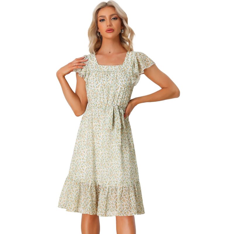 アレグラ ケー レディース トップス ワンピース シフォン フラワー柄 フリル フラワー ALLEGRA K Ruffle Dress For Women's Flutter Sleeve Belted Square Neck Floral Chiffon Dress White Yellow ホワイト