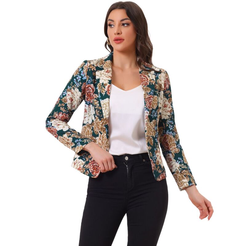 アレグラ ケー レディース アウター 上衣・上衣 スポーツジャケット ALLEGRA K Women\u0027s Allover Long Sleeve Notched Lapel Open Front Blazer Dark Green Floral 緑であること コート・ジャケット-レディースファッション