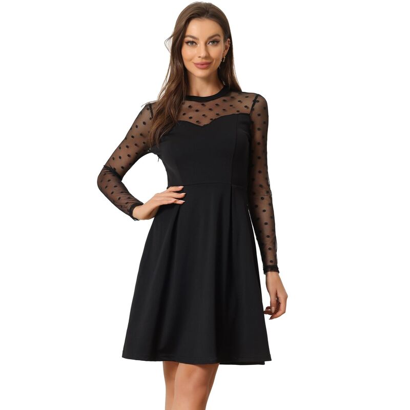 アレグラ ケー レディース トップス ワンピース メッシュ シアー ALLEGRA K Women's Mesh See Througheart Sheer Sleeve Skater Party Dress Black Polka Dots ブラック｜ReVida 店