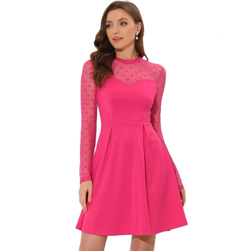アレグラ ケー レディース トップス ワンピース メッシュ シアー ALLEGRA K Women's Mesh See Througheart Sheer Sleeve Skater Party Dress Hot Pink ピンク