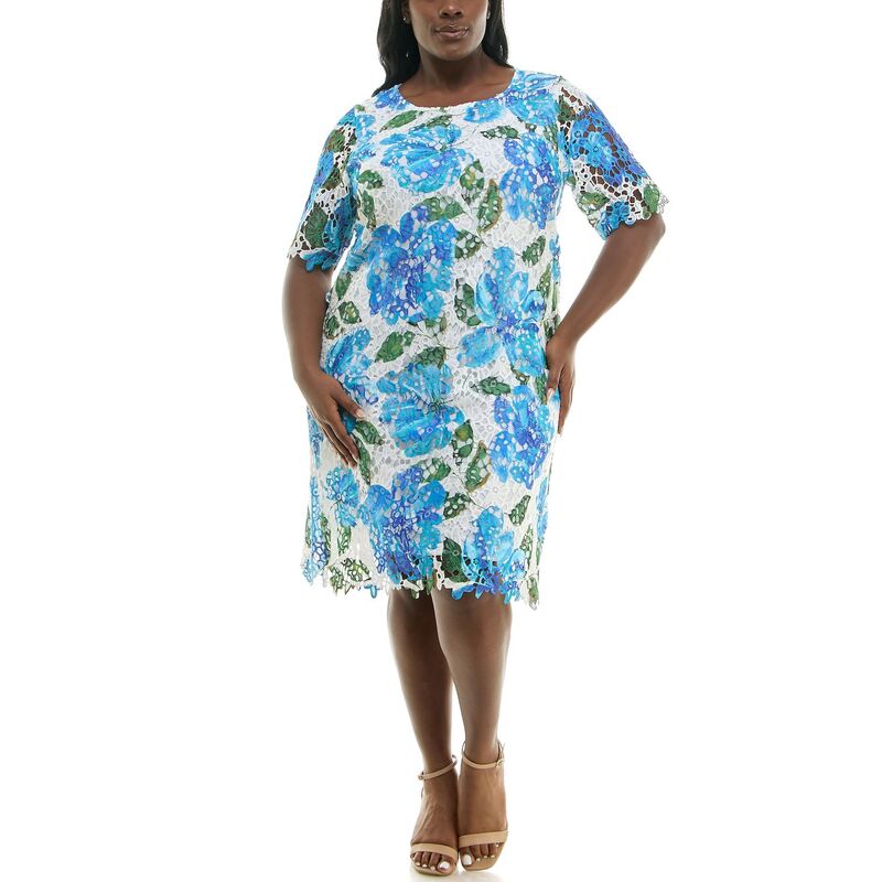 ニナレオナルド レディース トップス ワンピース プラスサイズ プリント レース Plusize Nina Leonard Elbow Sleeve Lace Print Dress Bright Cobalt Multi コバルト｜ReVida 店