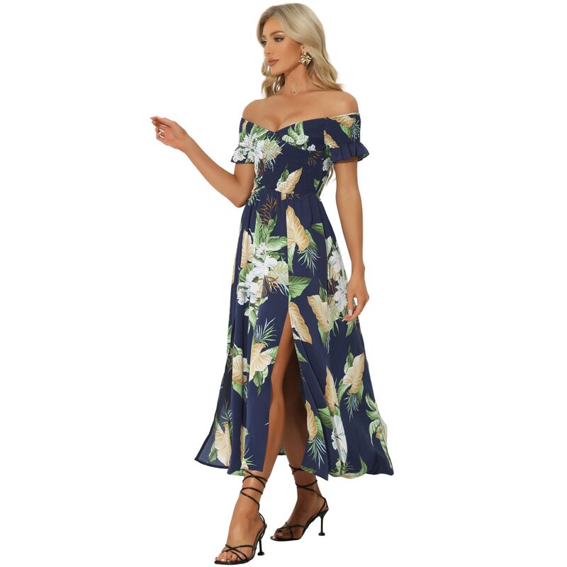 アレグラ ケー レディース トップス 衣装 御花柄 midi 御花 ALLEGRA K Floral Dresses For Women\u0027s Off Shoulder Midi Beach Summer Dress Dark Blue 青み