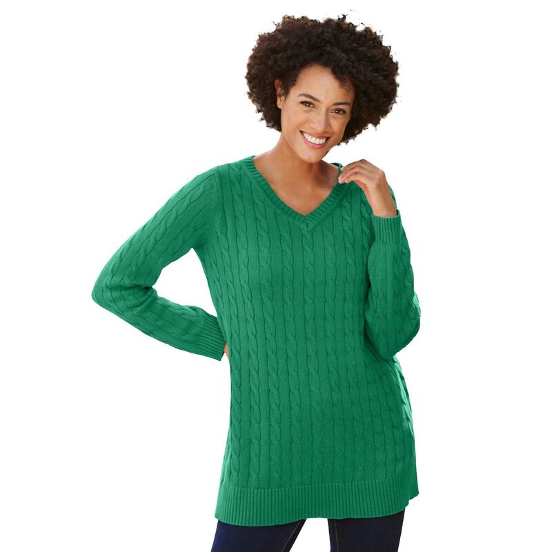 ウーマン ウィズイン レディース アウター ニット・セーター Vネック プラスサイズ Woman Within Plusize Cable Knit V-Neck Pullover Sweater Emerald エメラルド
