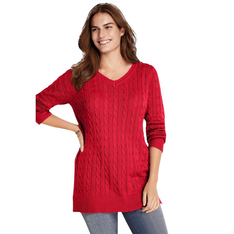 ウーマン ウィズイン レディース アウター ニット・セーター Vネック プラスサイズ Woman Within Plusize Cable Knit V-Neck Pullover Sweater Vivid Red レッド｜ReVida 店 11,150円