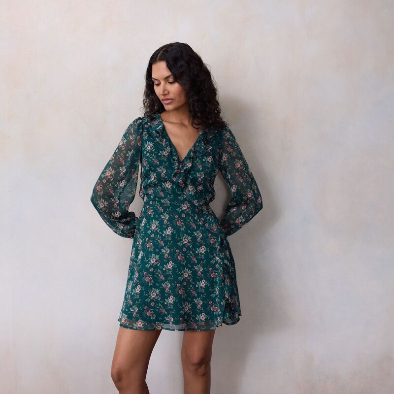 LC Lauren Conrad レディース トップス ワンピース フリル ミニ Women LC Lauren Conrad Long Sleeve Cascade Ruffle Mini Dress Green Evie Berry グリーン