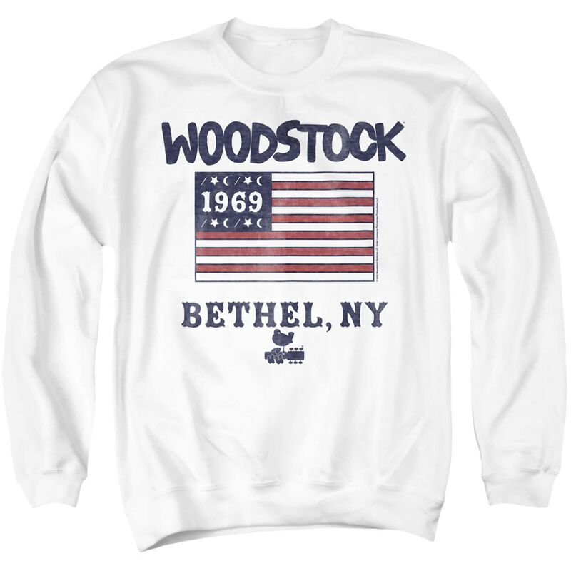アニメ文字記号 メンズ トップス ティーシャツ 流汗 グラフィック Licensed Character Men\u0027s Woodstock 1969 Graphic Sweatshirt White 白いこと Tシャツ・カットソー-メンズファッション