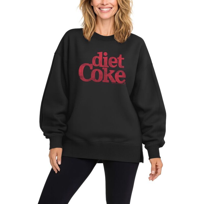 アニメキャラクター レディース トップス Tシャツ スウェット ロゴ フリース Licensed Character Women's Diet Coke Logo Distressed Oversized Fleece Crew Sweatshirt Black ブラック