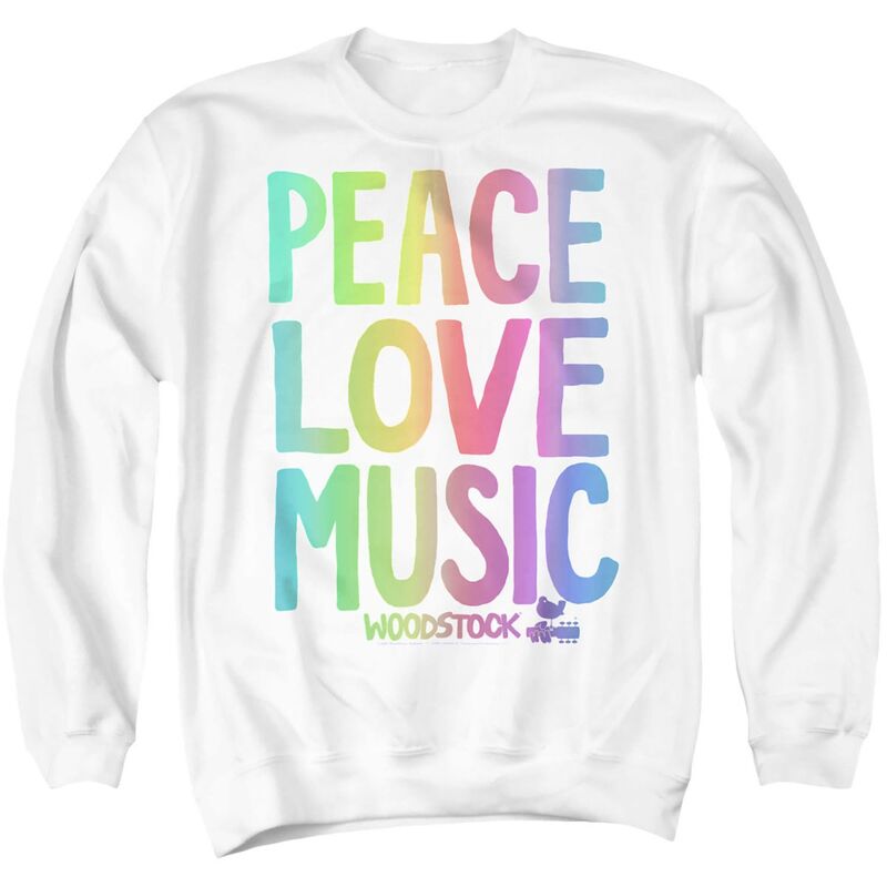 アニメ文字記号 メンズ トップス ティーシャツ 流汗 グラフィック Licensed Character Men\u0027s Woodstock Love Peace Music Graphic Sweatshirt White 白いこと Tシャツ・カットソー-メンズファッション-トップス